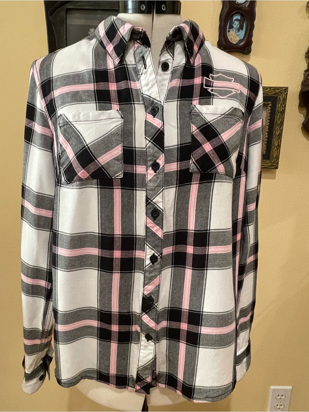 Harley-Davidson Pink Black White Plaid Button Shirt Small